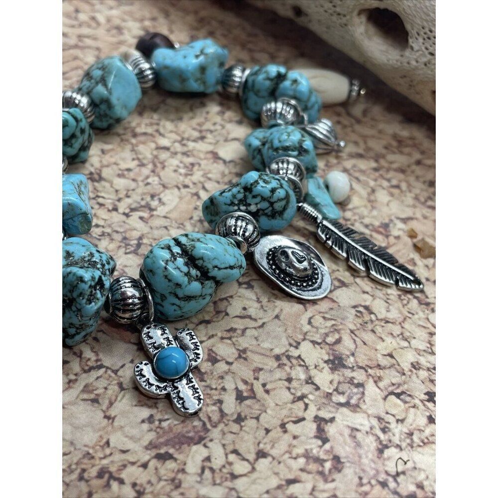 Turquoise Nugget Stretch Bracelet Feather Cactus Cow Western Bead Wood Flower - Picture 3 of 15